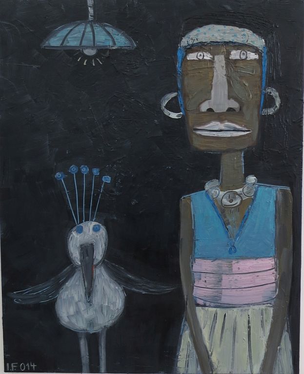 Frau mit Vogel, 2014, Öl auf Leinwand,100 auf 80 cm