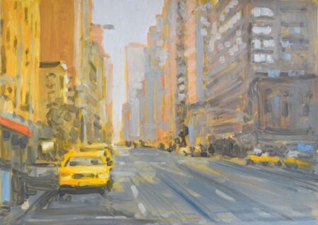 2020, New York, am Morgen, Oel, Acryl auf Papier, 50x70cm